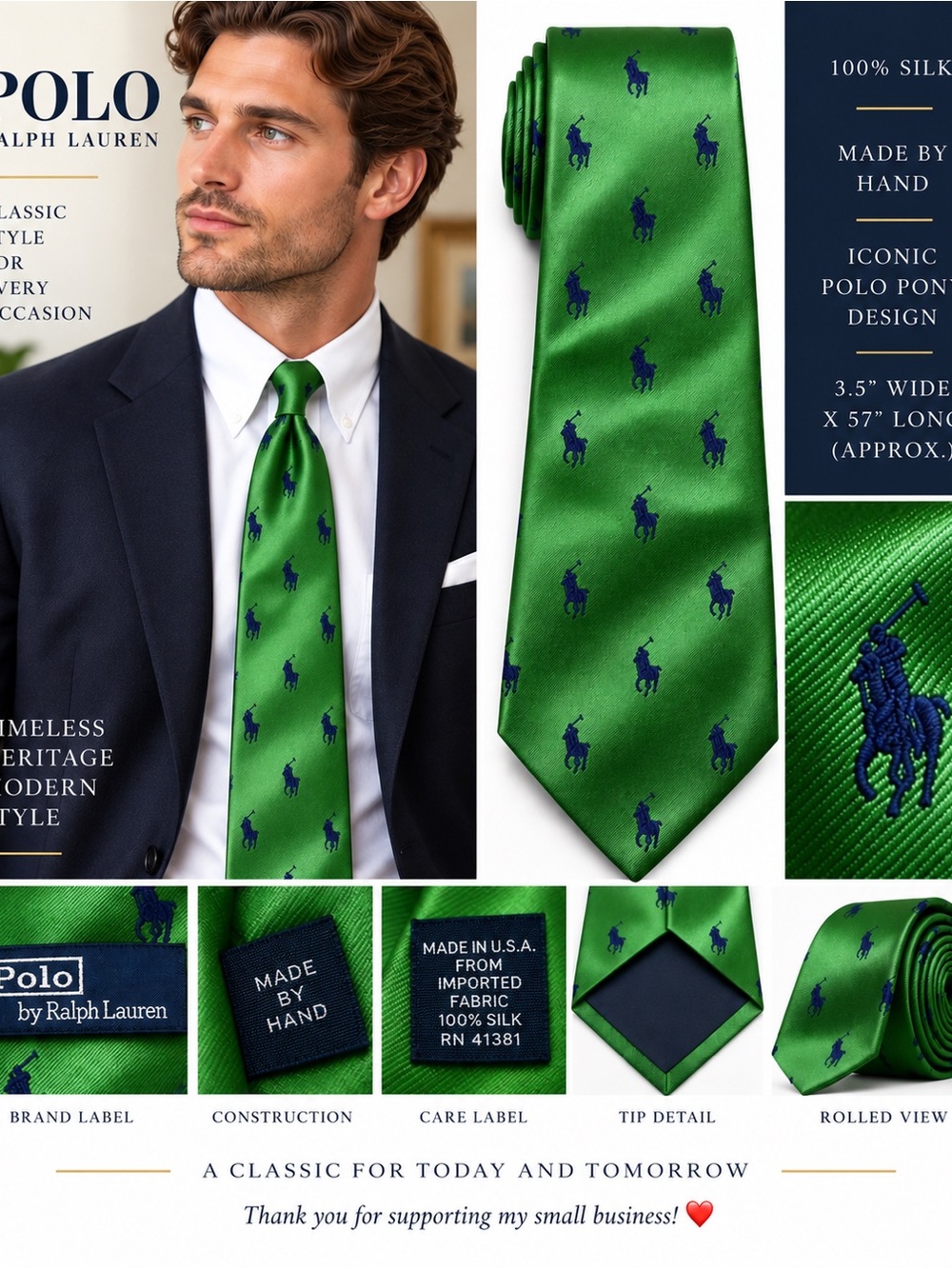 Polo Ralph Lauren Men’s Silk Tie Green Navy Pony Logo Classic Preppy 57” x 3.5”